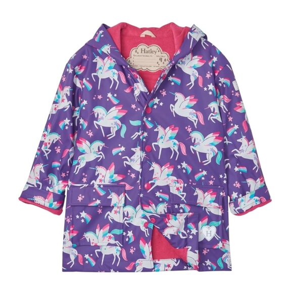 Hatley Kids Unicorn Rain Jacket Size 5 Purple Waterproof Hood pink terry lining - Picture 1 of 10
